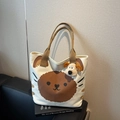 Sac fourre-tout en toile blanc cassé avec imprimé animal mignon et breloque en peluche - Grand Chien Brun (Image 1)