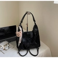 Detail of black multi-functional backpack with cute bear charm and striped scarf decoration - Black (With Charm)