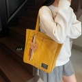 Large capacity yellow canvas tote bag with fashion tag and brown plush bear keychain - Yellow with Pendant