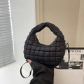Minimalist black quilted dumpling bag in nylon with adjustable crossbody strap - Black