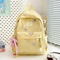 Cute pale yellow quilted backpack with colorful star patches and bow keychain charm - Yellow Large