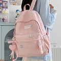 Cute light pink quilted star backpack with heart charm and large capacity for students - Pink Large