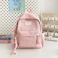 Pink quilted star backpack with colorful embroidery and cute heart keychain for students - Pink Small