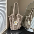 Sac fourre-tout beige au crochet avec marguerites blanches et maille ajourée - Kaki