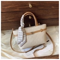 Chic beige bucket bag with brown handles and a stylish purple houndstooth silk scarf - White
