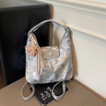 Silver metallic finish large backpack with plush bear charm and woven tassel detail - With Charm / Silver