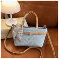Sky blue crossbody bucket bag with brown leather trim and houndstooth silk scarf detail - Gray