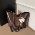 Large dark brown tote bag in premium faux leather with a cute plush bear pendant - Coffee with Pendant