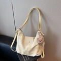 Retro soft leather tote bag in pale yellow marble texture with cute plush bear pendant - With Charm / Yellow