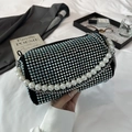 Funkelnde schwarze Boston Bag mit Silber-Strasssteinen und weißem Perlengriff - Bunt