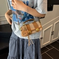Sac bandoulière kaki rétro avec double fermoir doré et accessoire d'ours en peluche - Marron