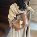 Large brown tote bag in matte synthetic leather with a cute white teddy bear charm - Yellowish Brown With Pendant