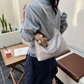 Light gray PU leather underarm bag with silver chain and cute teddy bear charm - Rice White (With Charm)