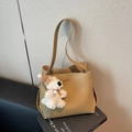 Khaki minimalist leather bucket bag with cute plush bear charm on a shoulder strap - With Charm / Khaki