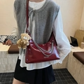 Deep red glossy shoulder bag with silver chain and cute teddy bear charm - Red (With Pendant)