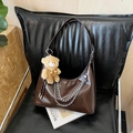 Retro dark brown patent leather hobo bag with silver chain and teddy bear charm - Coffee (With Charm)