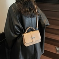 Minimalist khaki leather crossbody square bag with silver H buckle and adjustable strap - Khaki