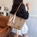 Khaki pebbled leather tote bag with silk scarf accessory for casual daily commute - Khaki