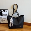 Minimalist black lychee texture tote bag with stylish geometric pattern scarf detail - Black