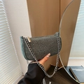 Blue denim crossbody bag with full crystal embellishment and thick silver chain strap - Green