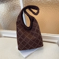 Dark brown suede hobo bag with silver studs in a diamond pattern and wide shoulder strap - Brown