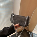 Sparkly black rhinestone crossbody bag with silver metal chain strap for women - Black