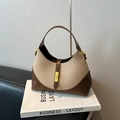 Bolso hobo de lona beige y cuero marrón con cierre giratorio dorado para hombro o mano - Marrón