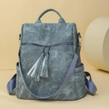 Retro blue-grey washed PU backpack featuring stylish white tassel accents and side pockets - Blue