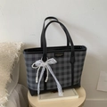 Dark gray checkered tote bag with large capacity and elegant white lace bow pearl charm - Black with Pendant