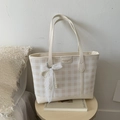 Cream plaid tote bag featuring a chic lace bow and pearl pendant for office commuting - White with Pendant