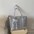 Silver checkered tote bag with lace bow and pearl charm for casual women's fashion - Silver (With Pendant)