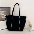 Black suede tote bag with vertical silver studs and long shoulder straps for women - Black