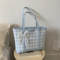 Light blue checkered tote bag with lace pearl bow charm and shoulder strap - Blue with Charm