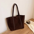 Dark brown suede tote bag with silver rivet studs and large capacity vintage design - Brown