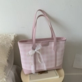 Pink checkered tote bag with leather trim and elegant pearl lace bow charm detail - Pink with Pendant