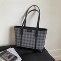 Large black and grey checkered tote bag with premium leather straps and logo patch - Black without Pendant