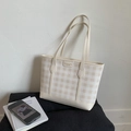 Classic beige checkered tote bag with cream leather trim and shoulder straps - White Without Pendant