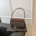 Dark brown snakeskin texture rectangular shoulder bag with elegant gold hardware - Style One (Straight Flap) / Brown