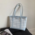 Light blue and white plaid tote bag with spacious capacity and leather trim details - Blue Without Charm