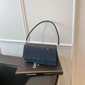 Chic navy blue faux snake skin handbag with elegant gold hardware and slim top handle - Style One (Straight Flap) / Blue