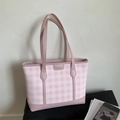 Pink and white checkered tote bag with leather trim and gold fashion lettering - Pink Without Pendant