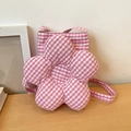 Petit sac bandoulière à carreaux roses et blancs avec fleur en relief et bandoulière - Rose