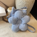 Petit sac à carreaux bleu et blanc orné d'une grande fleur décorative en tissu - Bleu