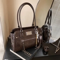 Retro dark brown PU leather tote bag with decorative zippers and a long shoulder strap - Coffee with Pendant