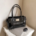 Elegant black patent leather tote bag with long handles and a detachable shoulder strap - Black without Pendant