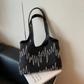 Black tote bag with colorful wavy patterns and long shoulder handles for women - Black