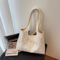 White minimalist tote bag featuring colorful wavy embroidery and long shoulder handles - Off-white