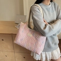 Pink quilted tote bag with colorful wavy embroidery and faux leather handles - Pink
