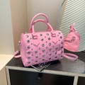 Pink patent leather boston bag with silver studs and adjustable shoulder strap - Pink