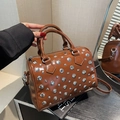 Brown Boston bag with silver studs and adjustable shoulder strap for women - Brown